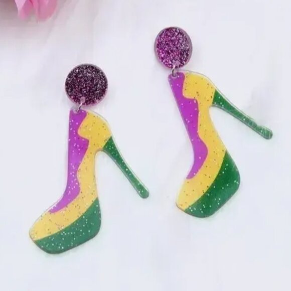 Mardi Gras Glitter Heel Earrings – Purple Green Gold Statement - Picture 2 of 3